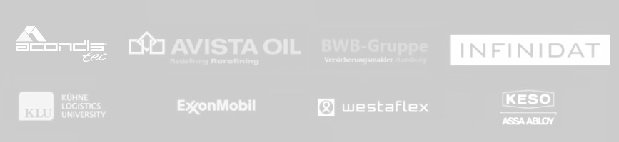 Referenzlogos: Avista Oil, BWB Gruppe, Infinidat, ExxonMobil, KESO, Westaflex u.a.
